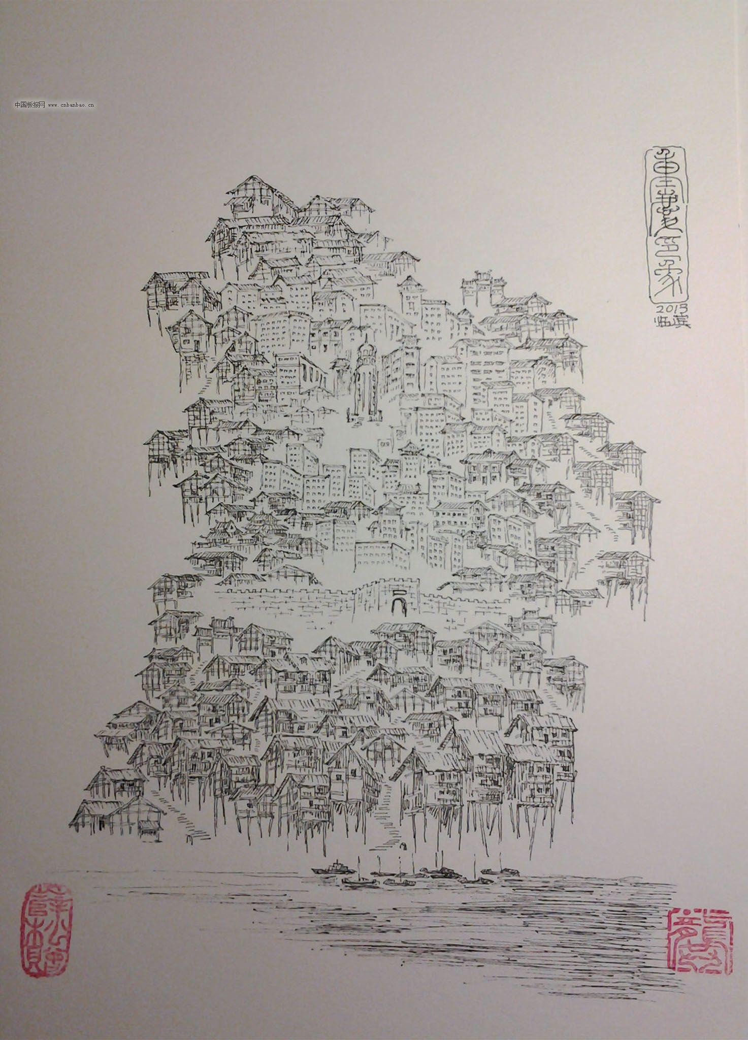 黑白精美房子素描绘画