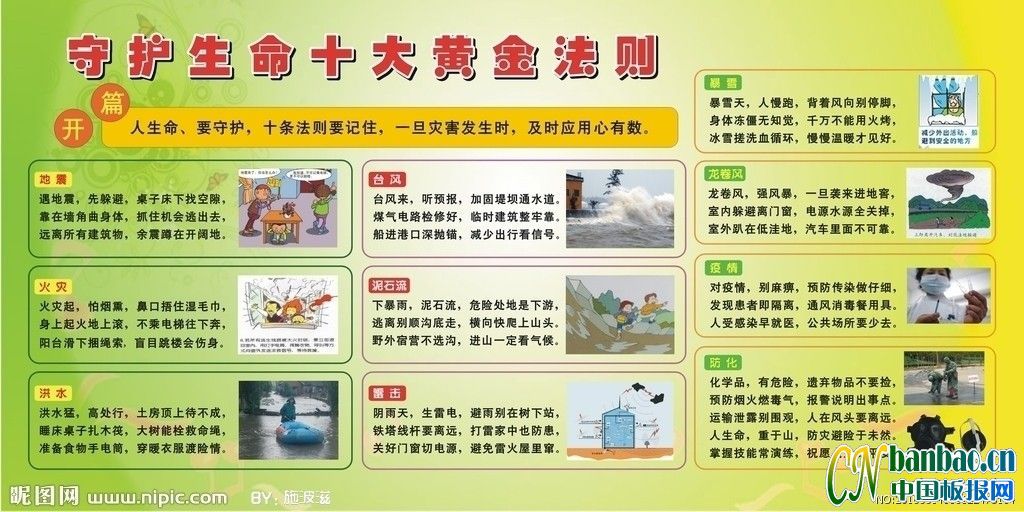 自然灾害防护板报之守护生命十大黄金法则