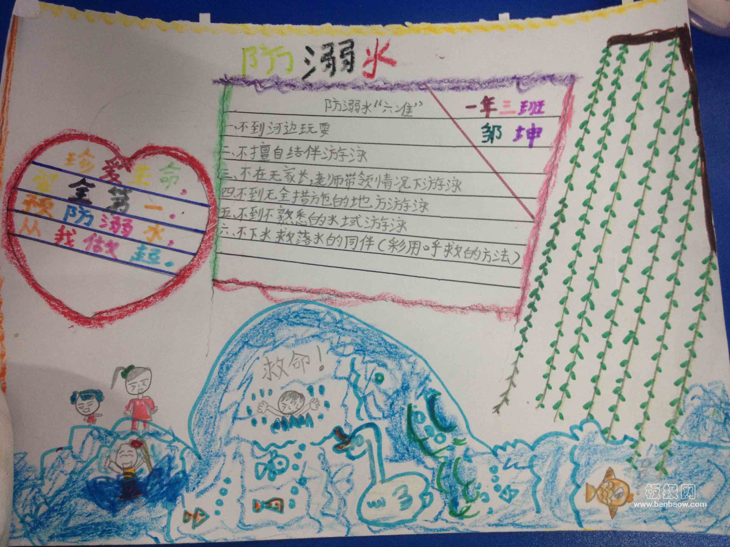 小学一年级防溺水警钟长鸣手抄报