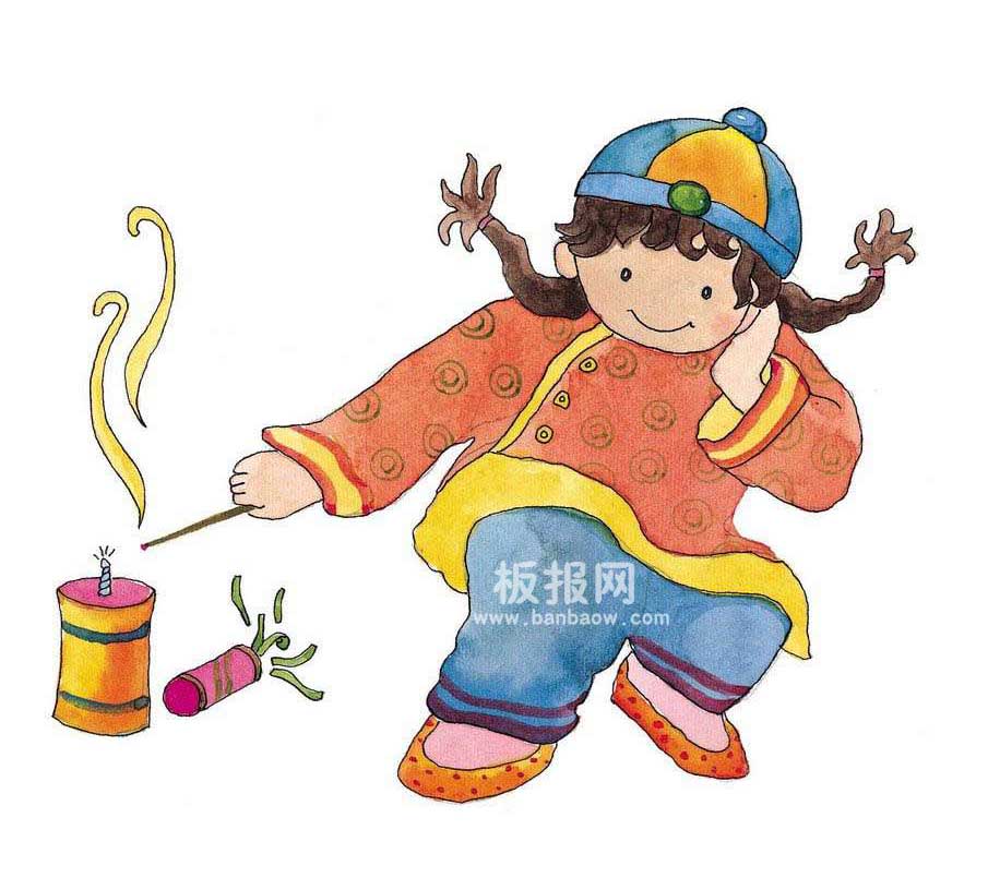 小孩放鞭炮新年春节手抄报插图大全