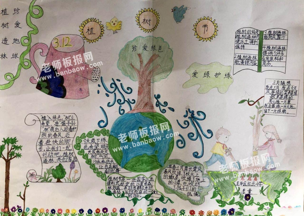 小学四年级312植树节爱护环境手抄报图片大全