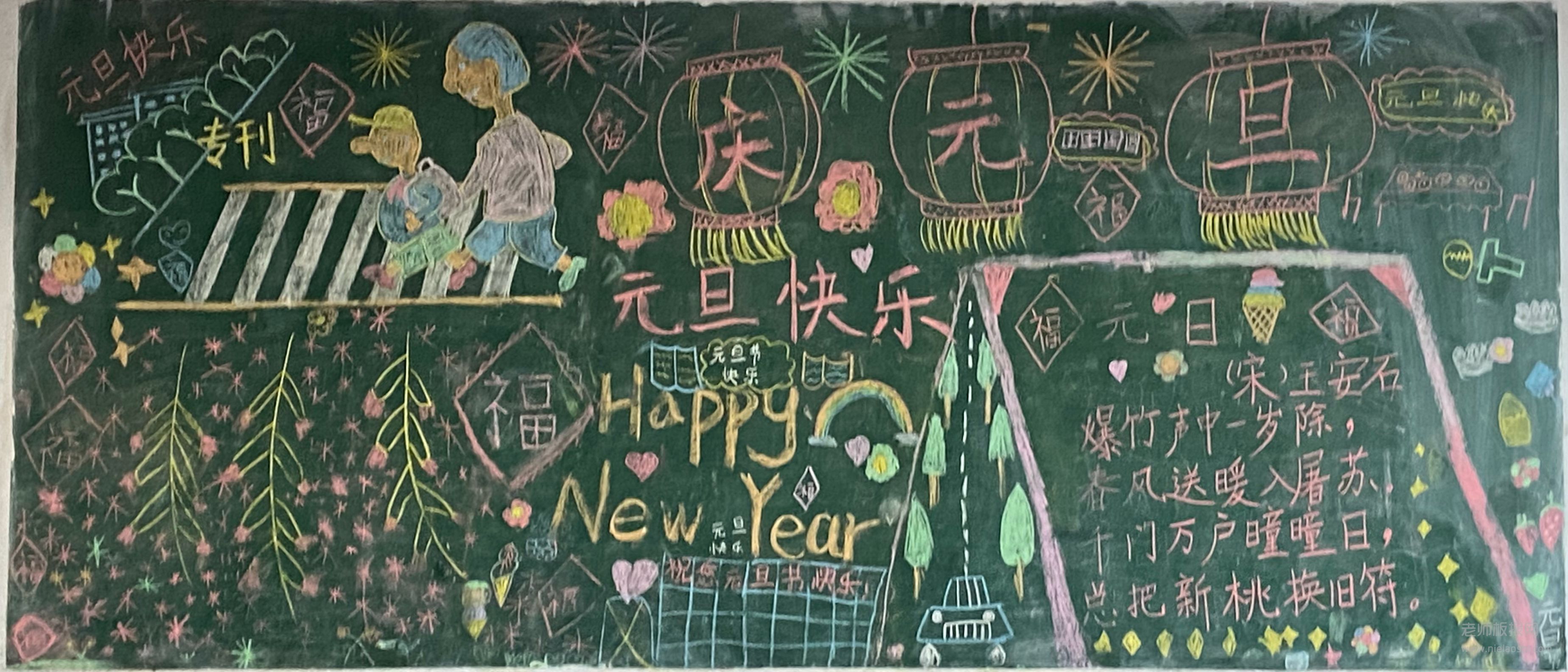 庆元旦黑板报图片 元旦快乐Happy New Year