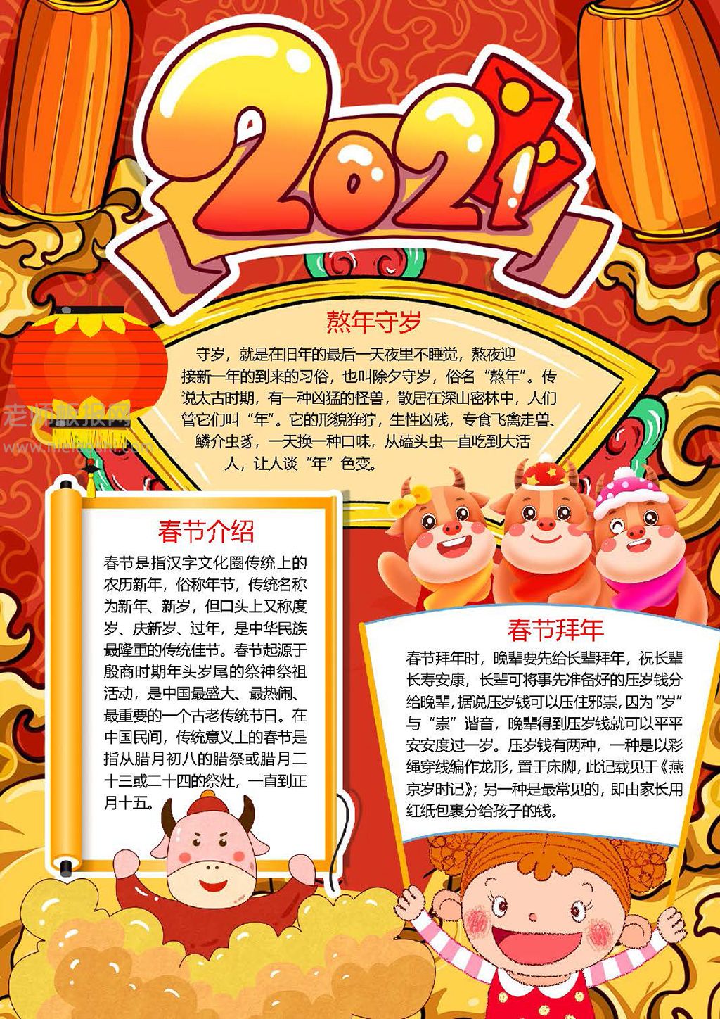 2021新年快乐电子小报竖版春节手抄报word模版