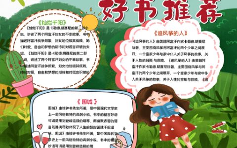 绿色卡通小女孩好书推荐手抄报学生快乐阅读电子小报word模