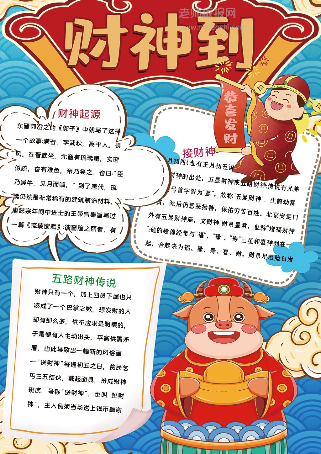 插画财神到手抄报春节习俗迎接财神小报word电子模版