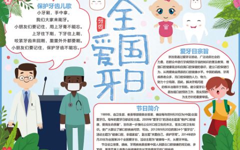 全国爱牙日手抄报小学生爱护牙齿小报word电子模版