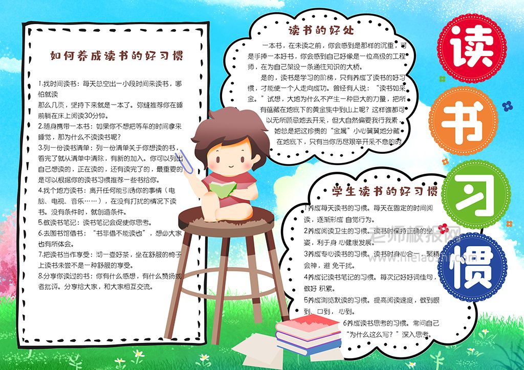 蓝色卡通学生读书好习惯的养成手抄报word电子小报模版