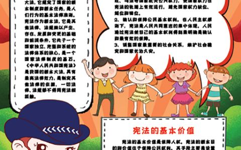 竖版卡通宪法小报小学生宪法教育手抄报word电子模版