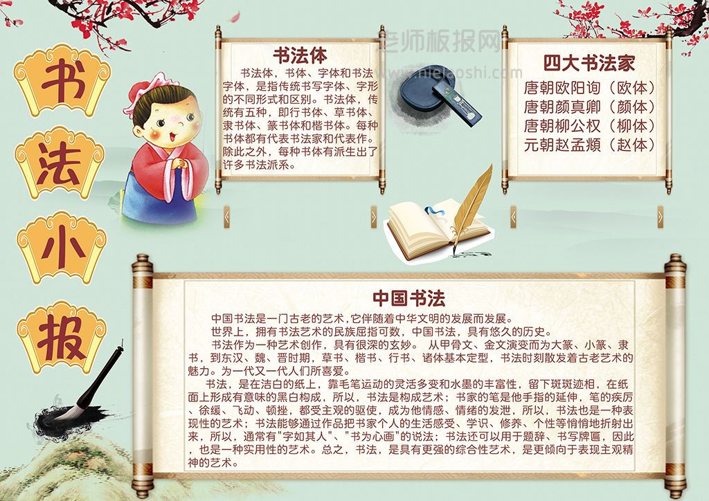 复古毛笔书法小报中国书法国学文化小学生手抄报word电子模