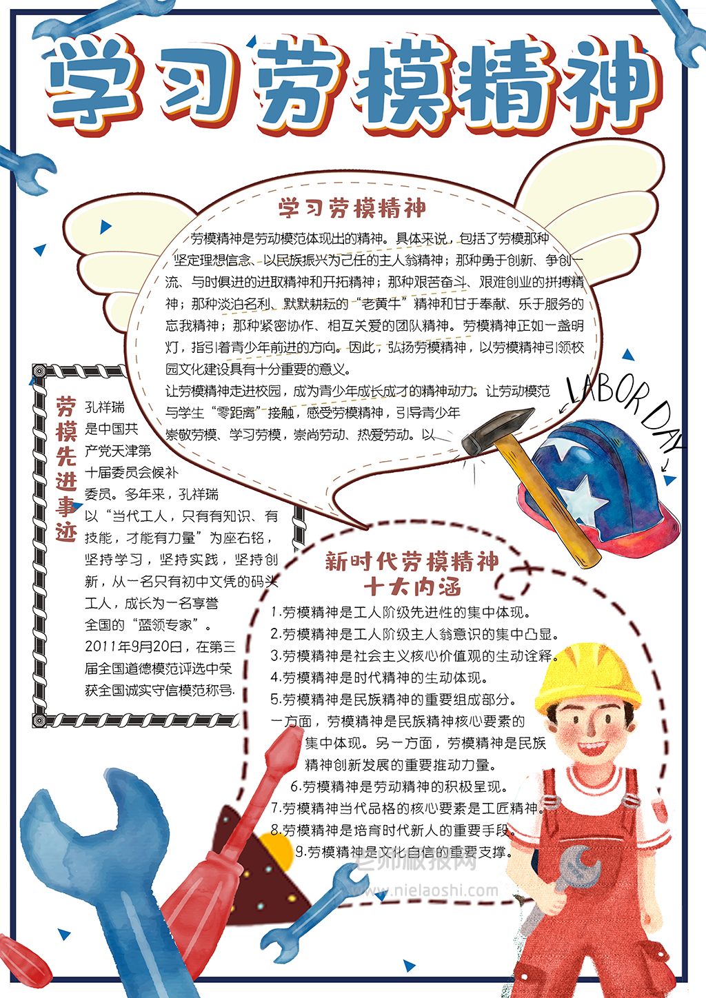 简约手绘风学习弘扬劳模精神竖版学生手抄报word电子模板