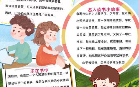 卡通简约竖版快乐阅读学生素材手抄报word模板