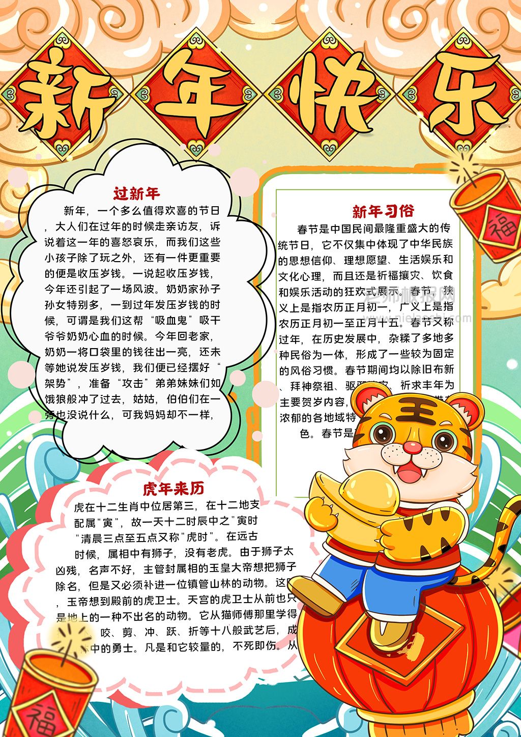 新年快乐手抄报虎年小报word电子模板