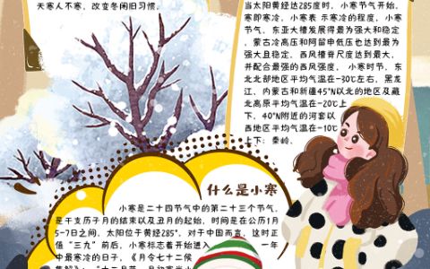 卡通竖版手绘风二十四节气小寒学生手抄报word电子模版