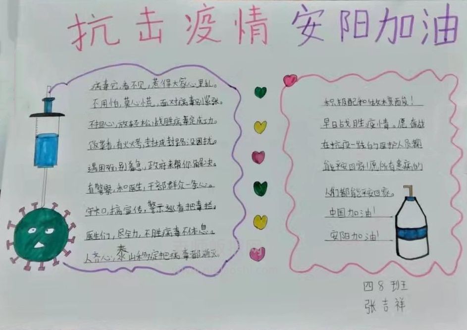 《抗击疫情安阳加油》学生主题手抄报图片