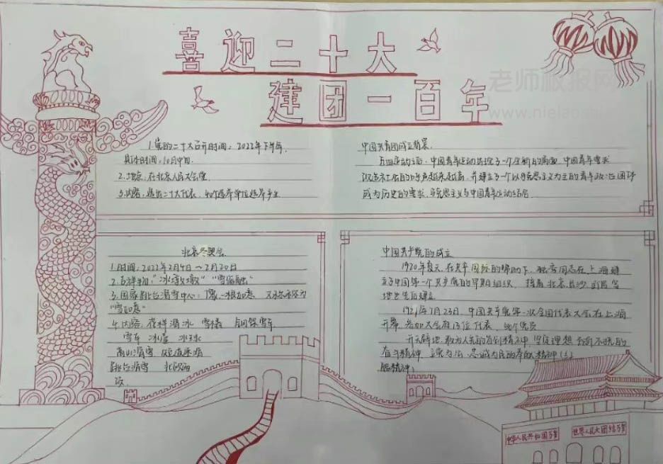 《喜迎二十大建团一百年》主题手抄报绘画图片-含内容文字