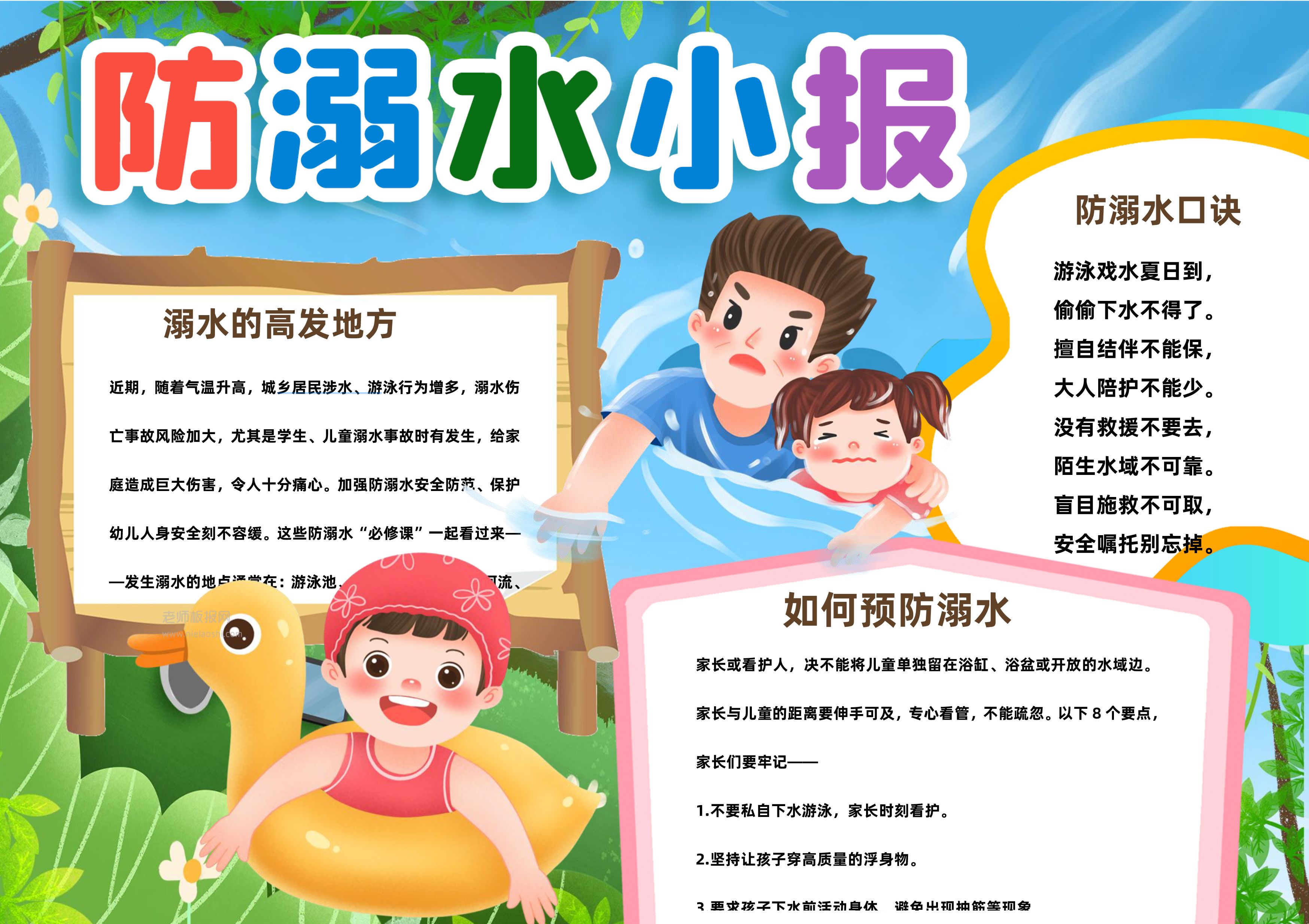 可爱卡通小学生夏季防溺水手抄报word电子模板