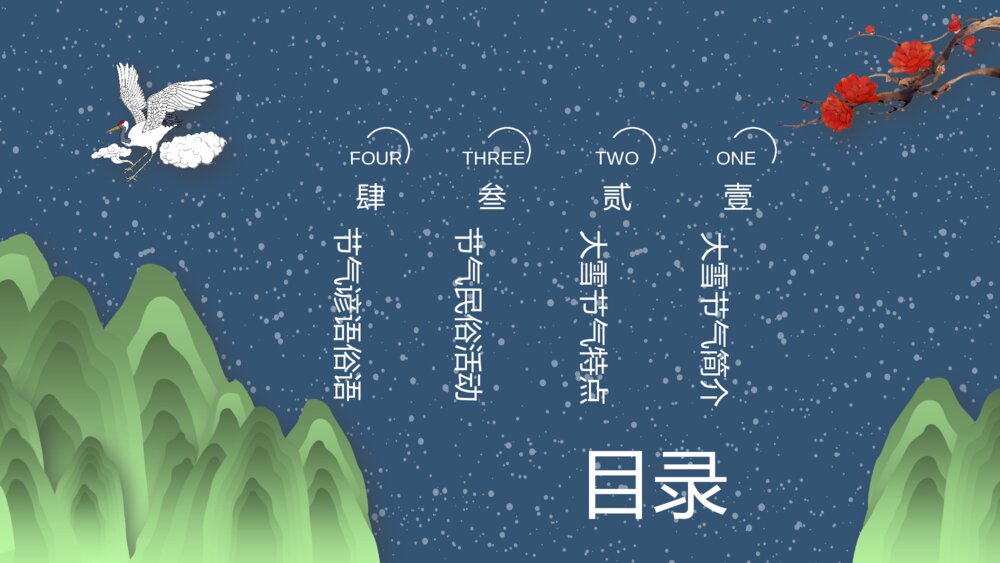国潮风梅花仙鹤背景的大雪节气介绍PPT2