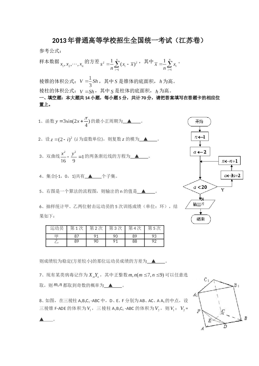 2013年江苏高考数学试卷+答案