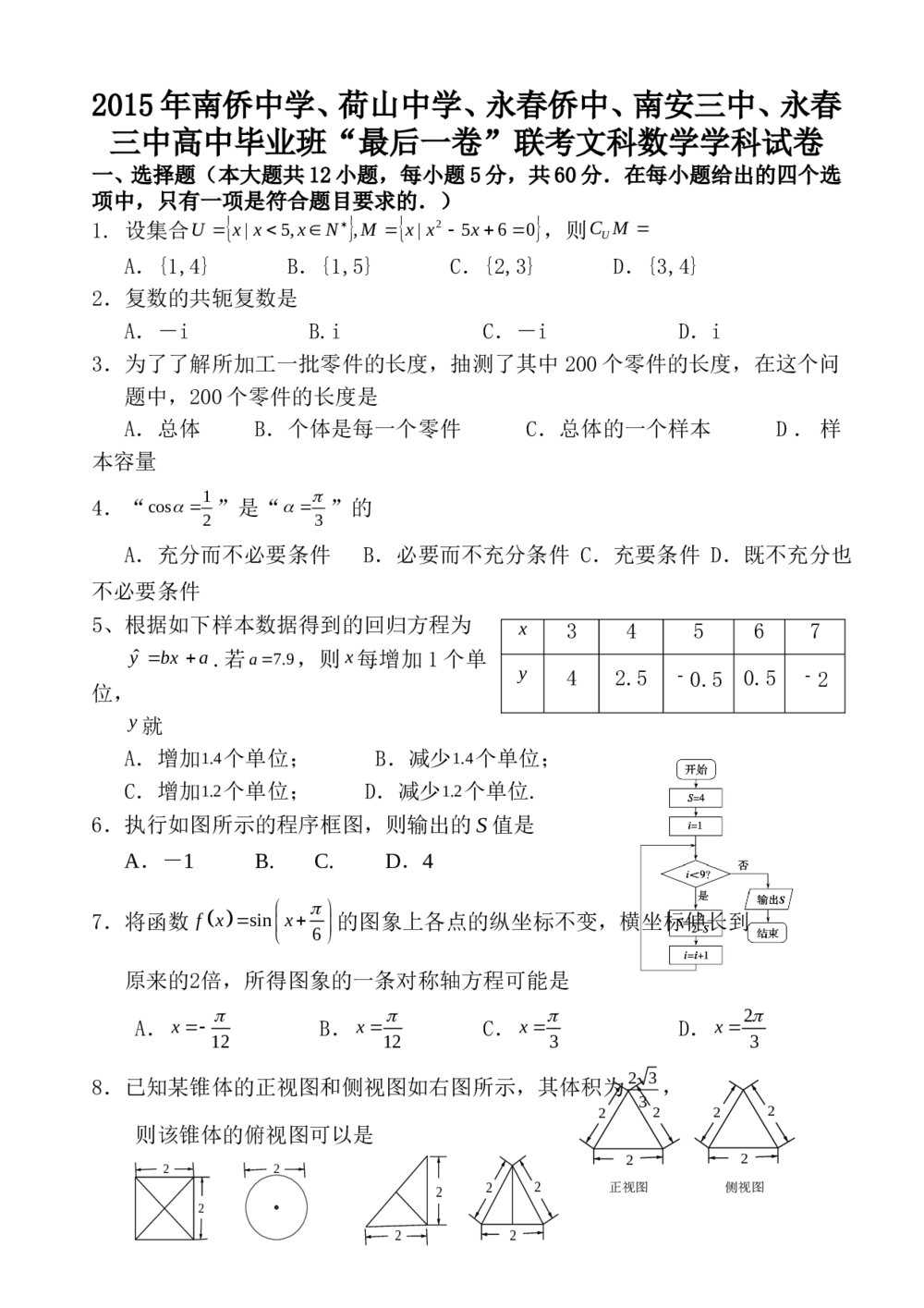 泉州五校2015高考(文科)数学“最后一卷”+答案