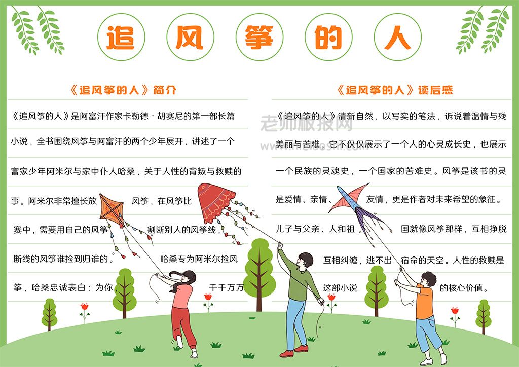 名著导读《追风筝的人》读书分享电子小报word模板A4纸