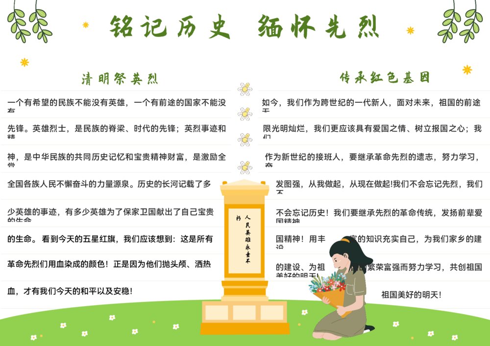 清明祭英烈电子小报 清明节缅怀先烈手抄报word模板下载