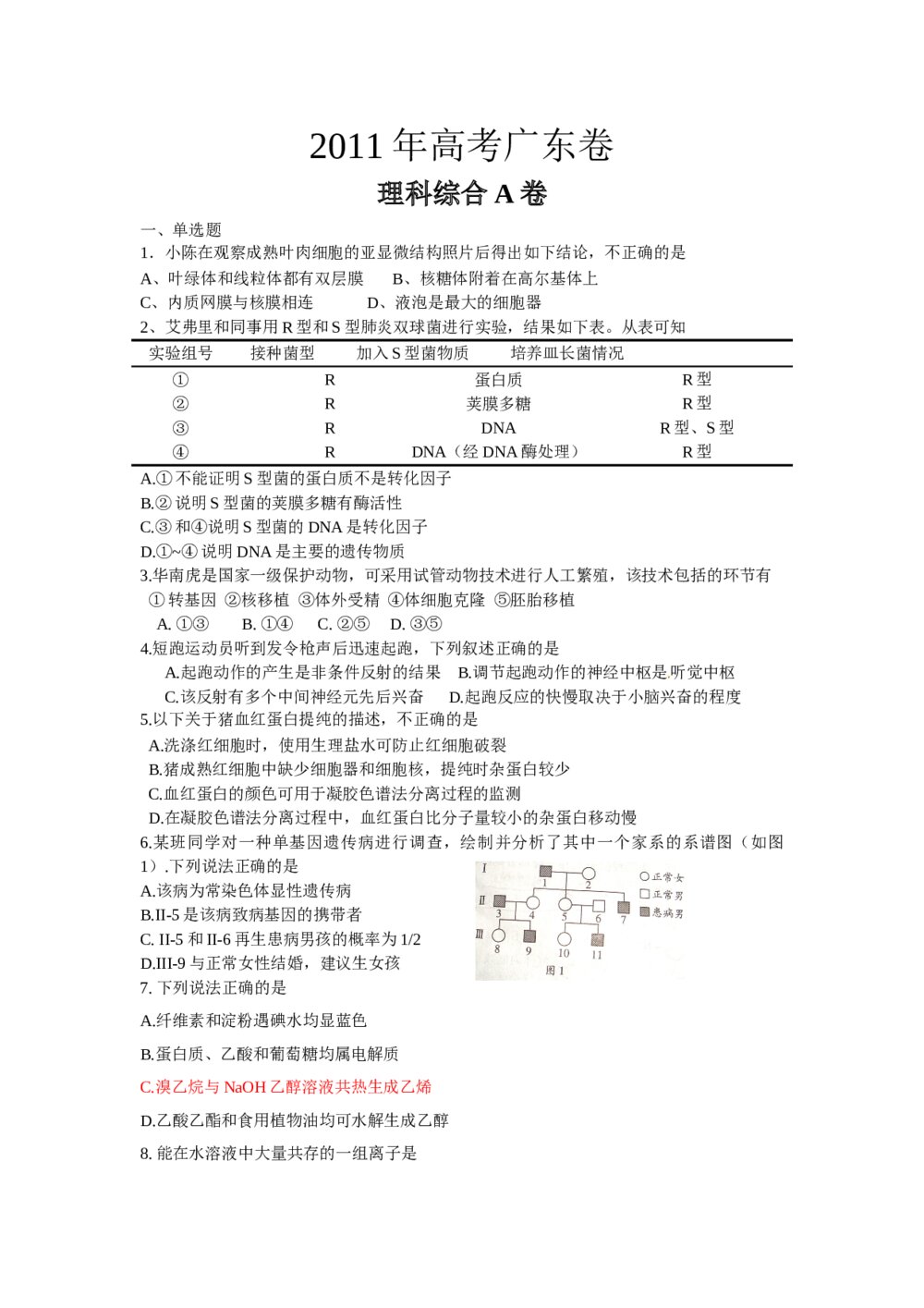 2011广东省高考理科综试卷