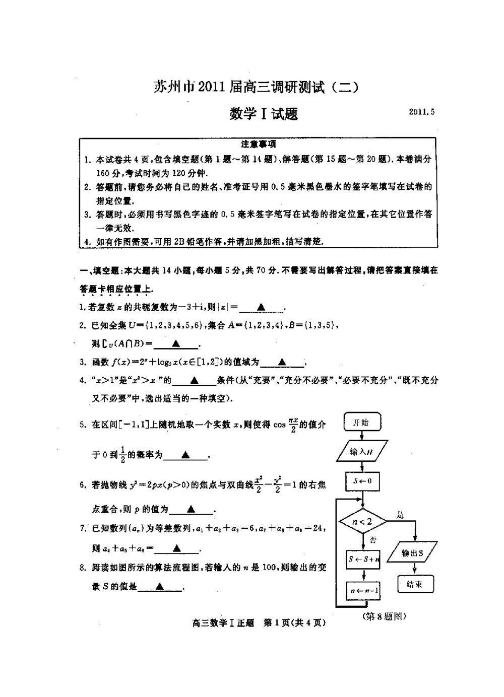 苏州市2011高考高三二模数学试题试卷及附加题+参考答案