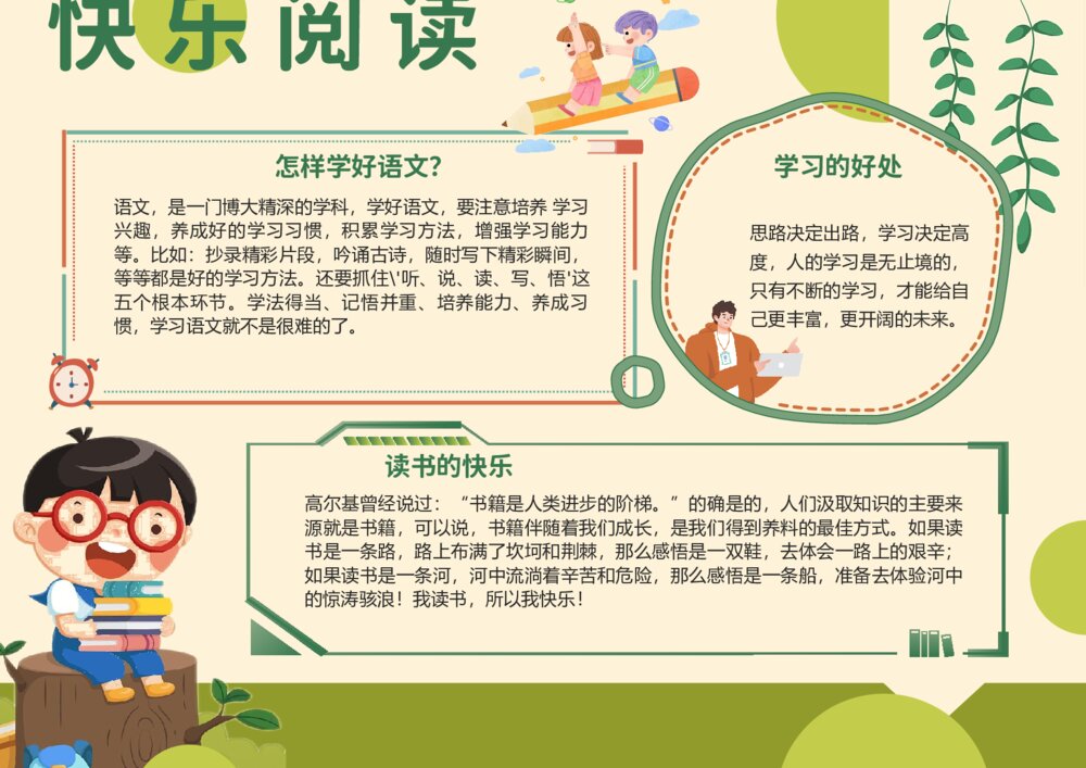 快乐阅读手抄报 中小学生读书快乐电子小报word下载1