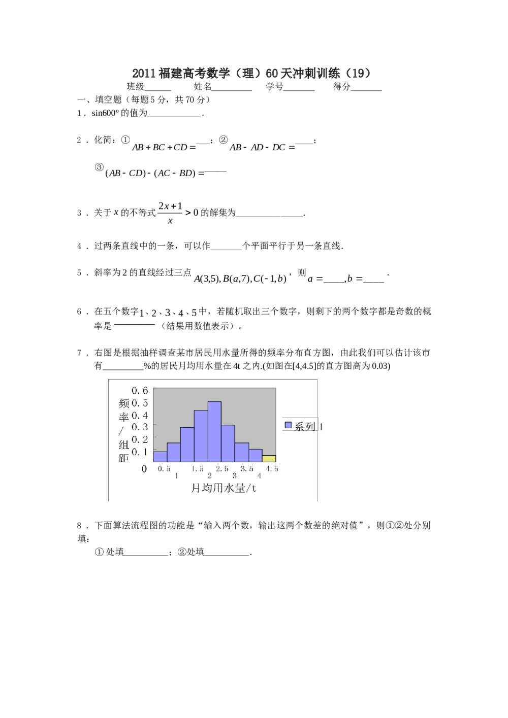 2011福建高考数学(理科)60天冲刺训练(19)+答案