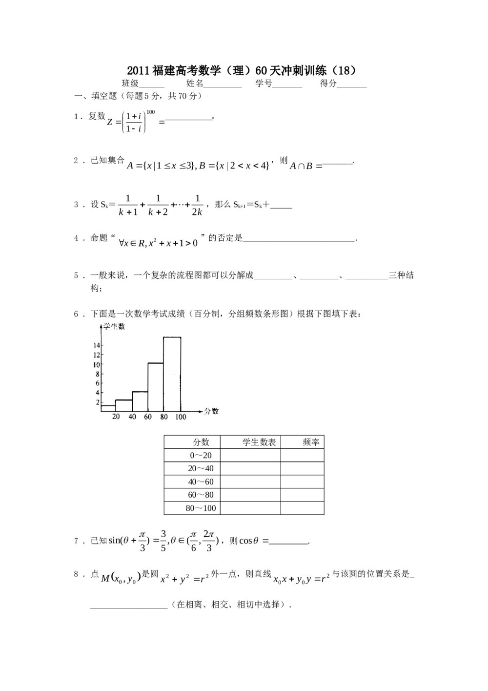 2011福建高考数学(理科)60天冲刺训练(18)+答案