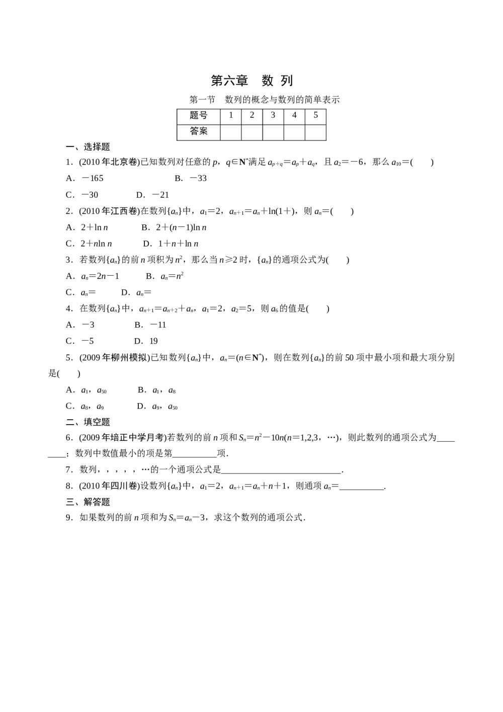 2011年高考一轮课时训练(理)6.1列的概念与数列的简单表示+参考答案(通用版)