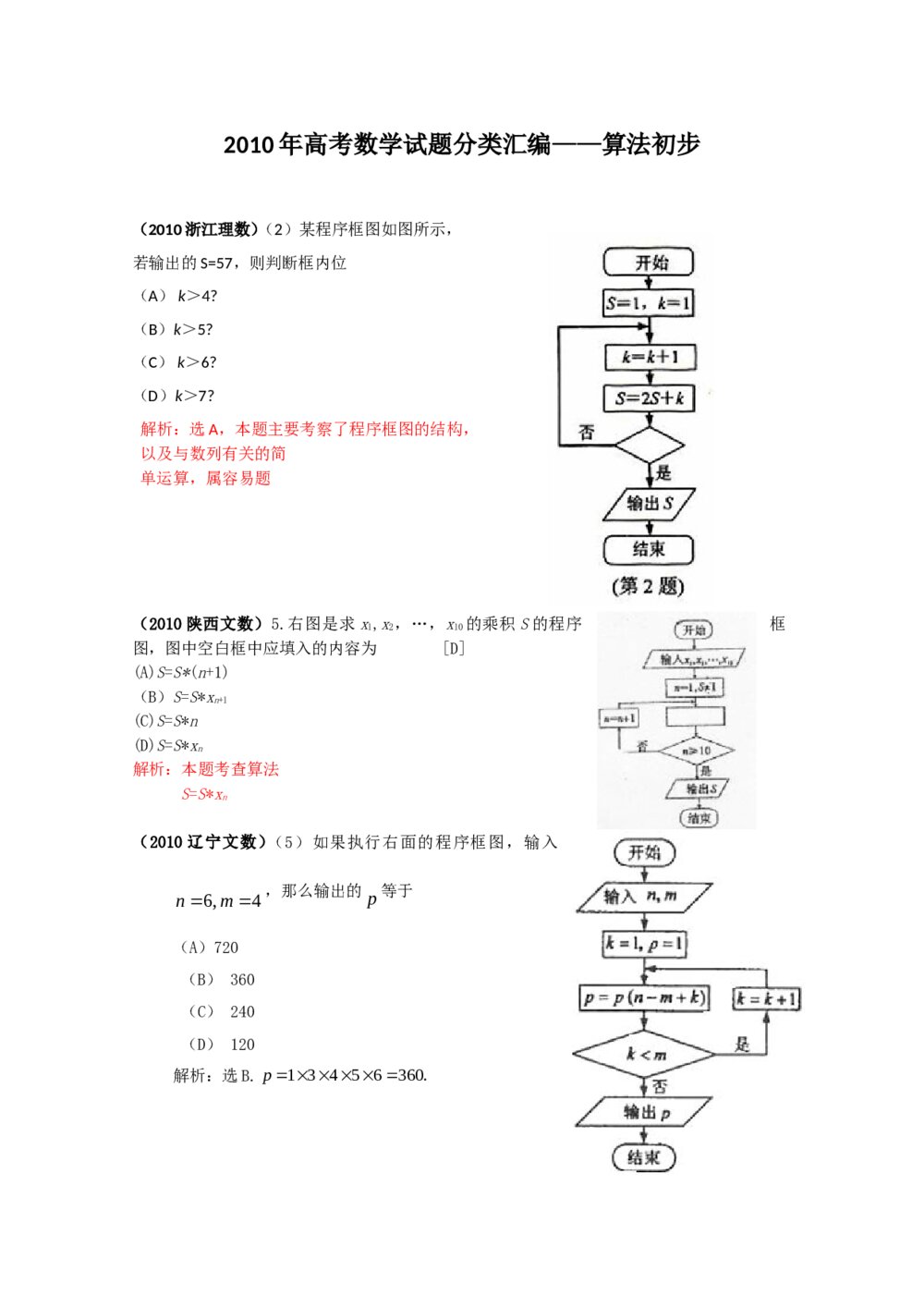 2010年高考数学试题分类汇编--算法初步+(答案解析)