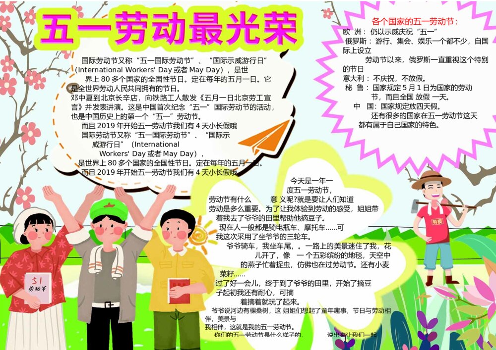 五一劳动最光荣电子小报 劳动节手抄报素材word模板下载