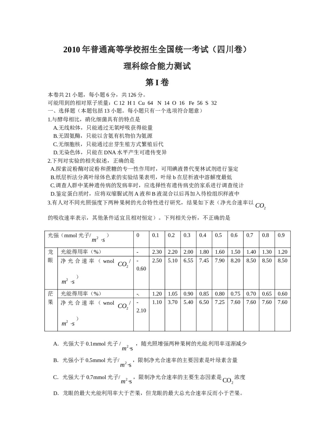 (四川卷)高考理科综合试题