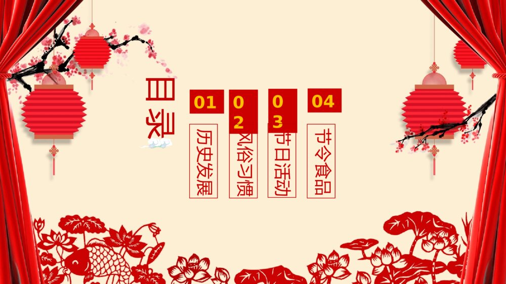 喜庆红色帷幕春节传统历史风俗活动美食习俗PPT课件下载2