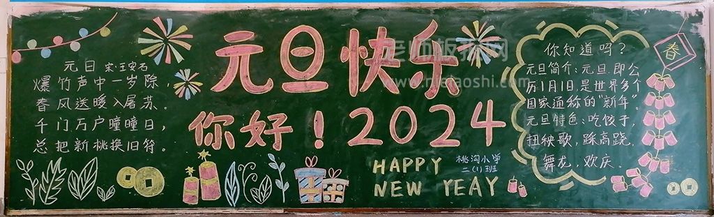 庆元旦迎新年主题黑板报2024年 你好2024元旦快乐黑板报图片