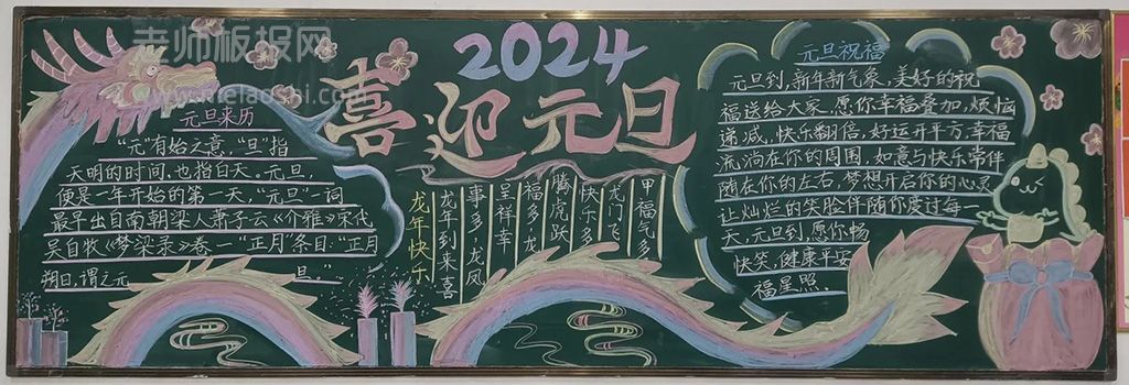 迎龙年庆元旦黑板报图片素材 喜迎元旦黑板报2024