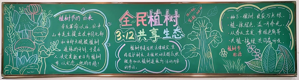 《全民植树共享生态》3·12植树节主题黑板报粉笔画（3张）