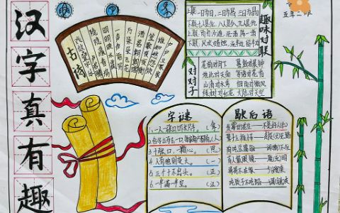 五年级下册《汉字真有趣》手抄报绘画图片（3张）神奇汉字手抄报