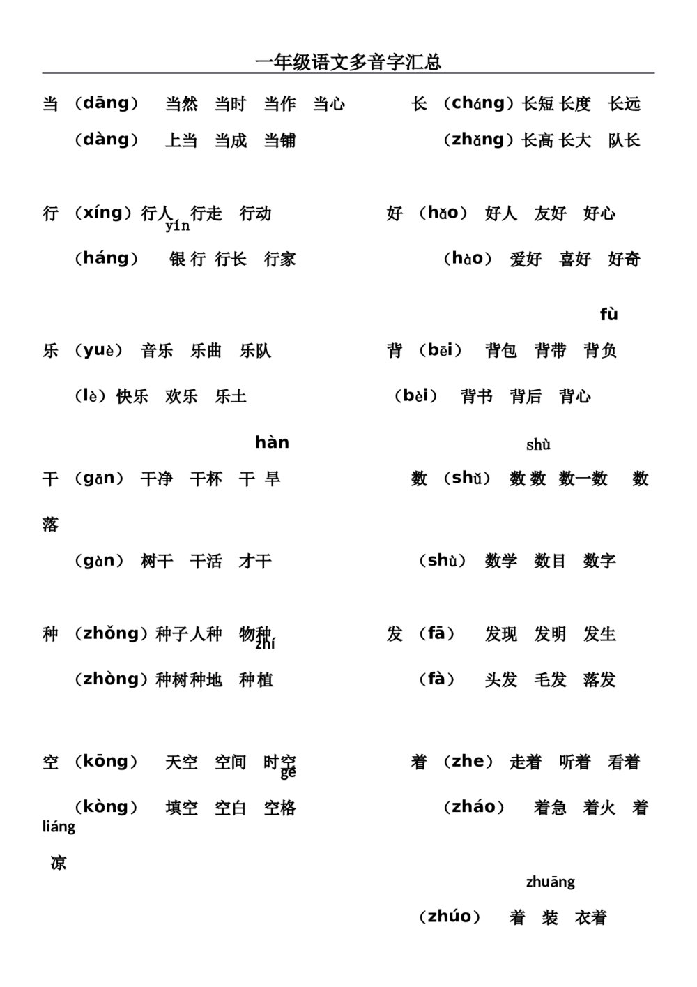 一年级语文多音字汇总