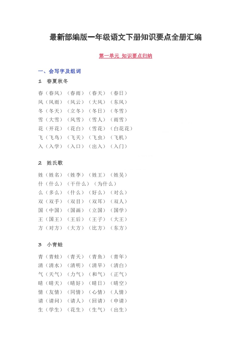 部编版一年级语文下册知识要点全册汇编